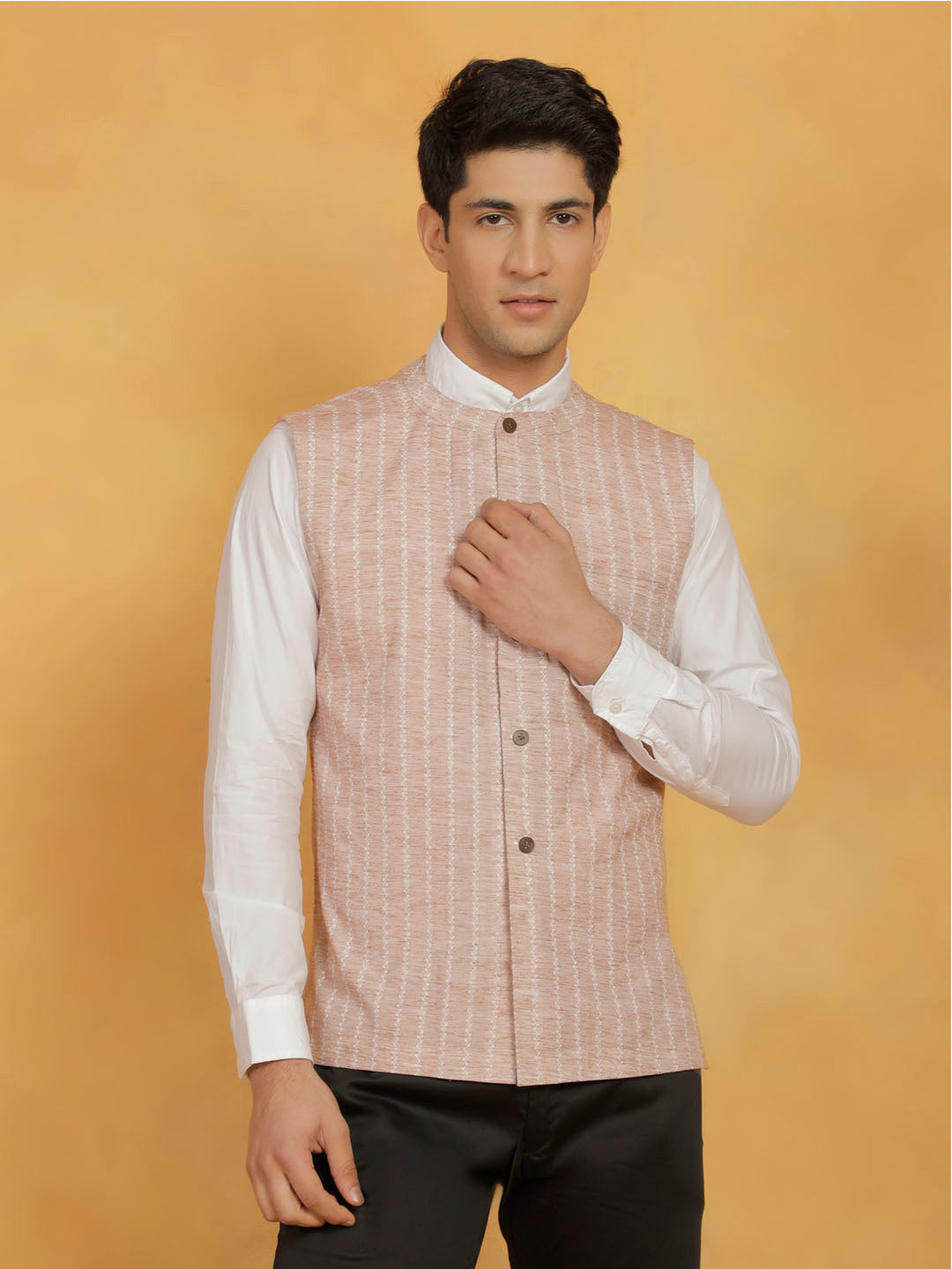 Men's Beige Cotton Straight Nehru Jacket