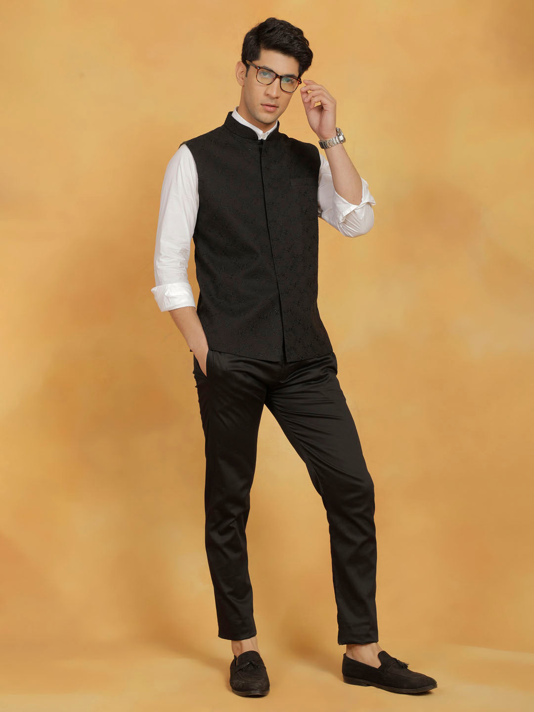 Men's Black Cotton Straight Nehru Jacket