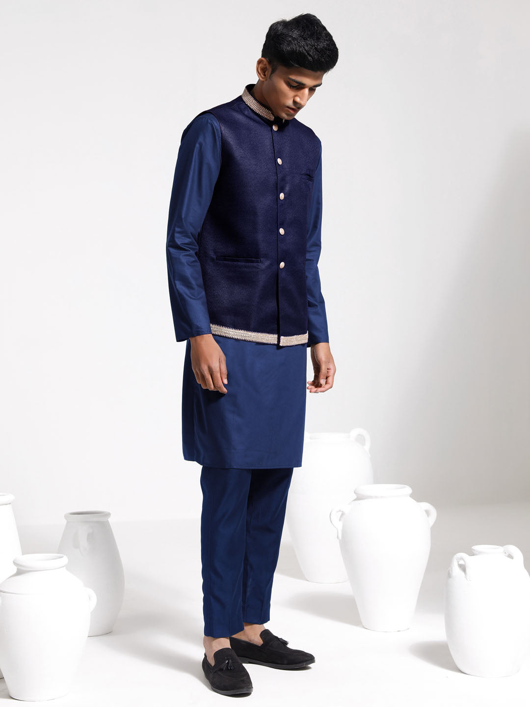 Men's Navy Blue Cotton Silk Straight Jacket Kurta and Pyjama Set