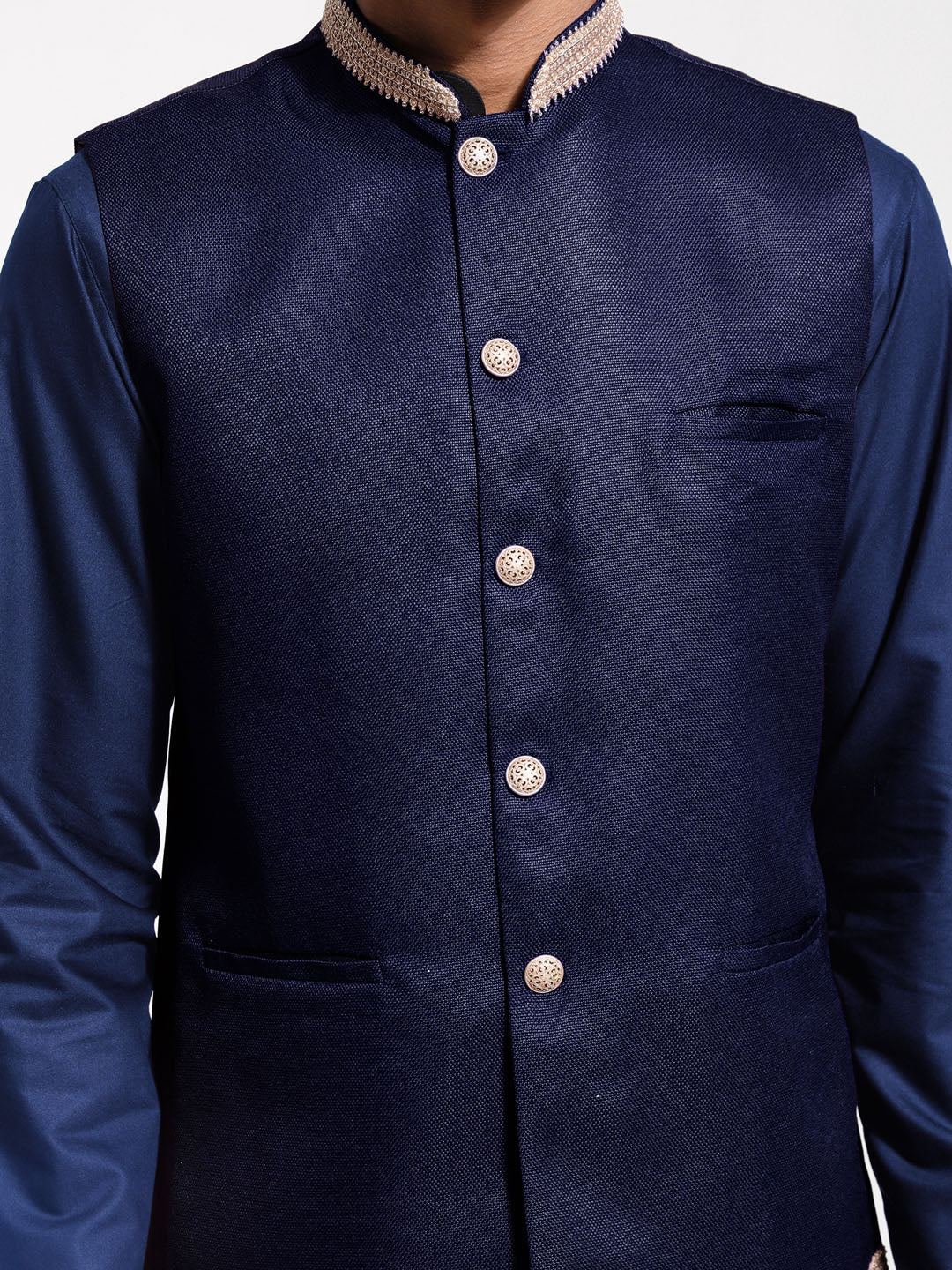 Men's Navy Blue Cotton Silk Straight Jacket Kurta and Pyjama Set