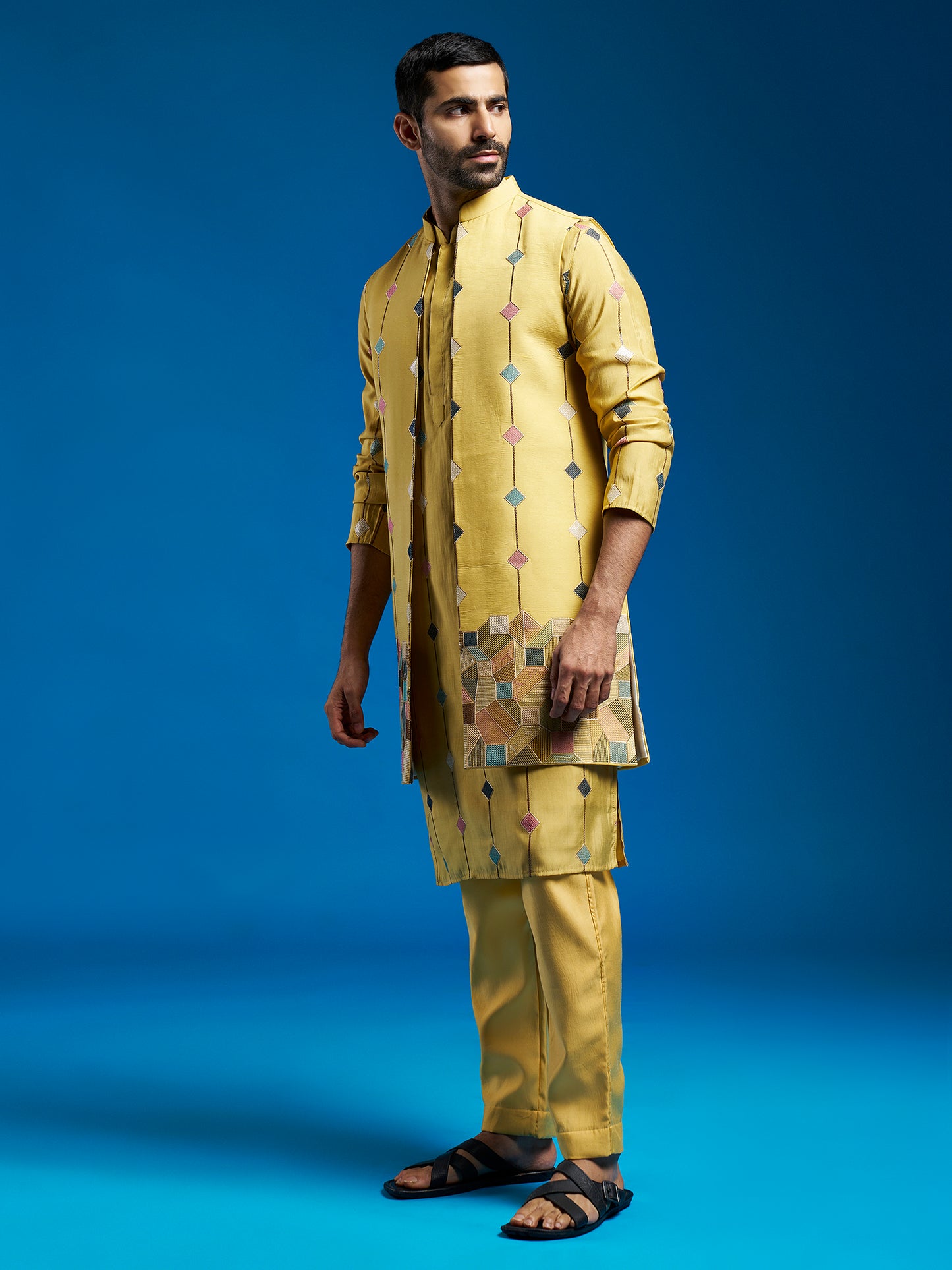Men's Mustard Silk Blend Straight Jacket Kurta And Pyjama Set.