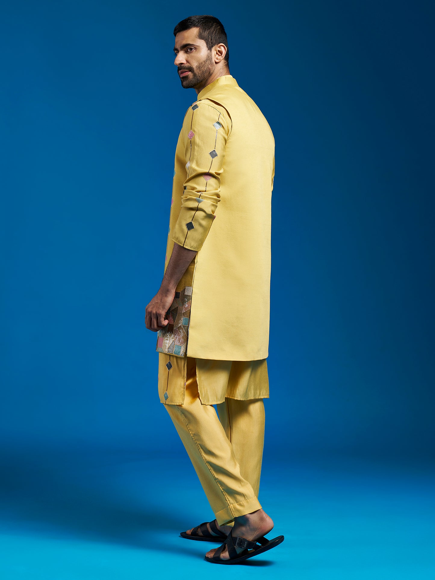 Men's Mustard Silk Blend Straight Jacket Kurta And Pyjama Set.