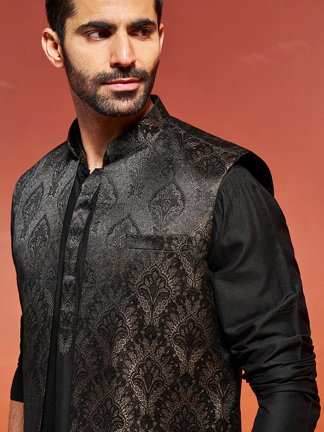 Men's Black Viscose Straight Jacket Kurta And Pyjama Set.