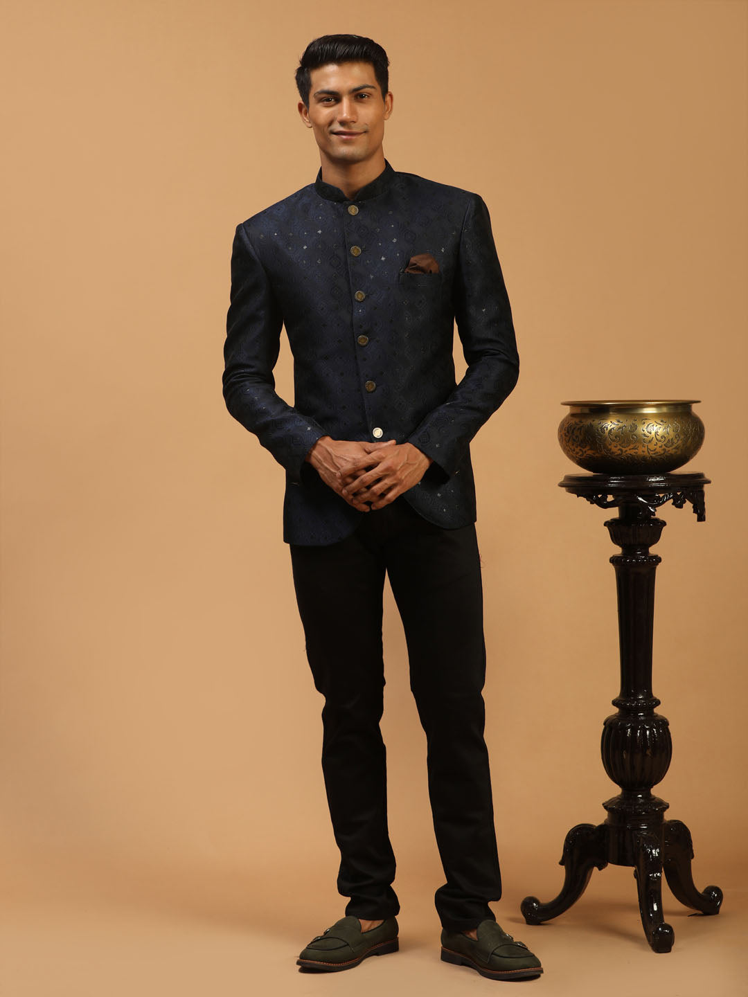 Men's Navy Blue Silk Blend Straight Jodhpuri