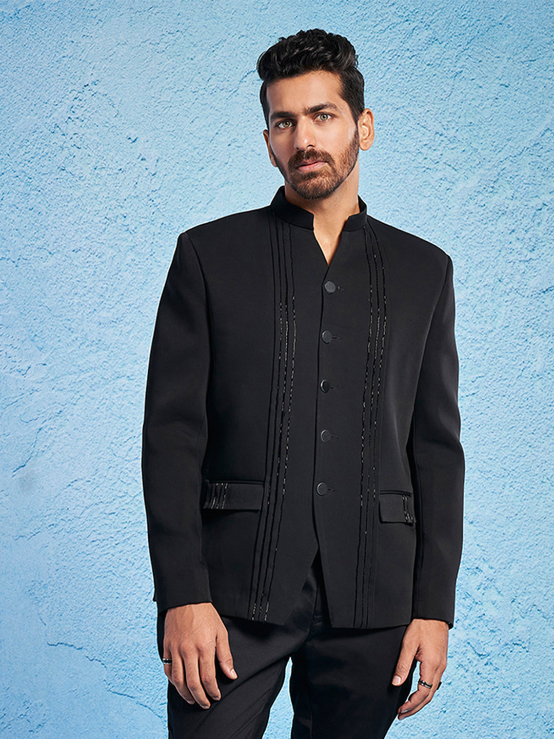 Men's Black Imported Suiting Straight Sherwani Only Top