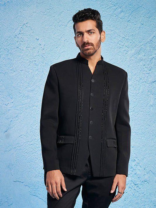 Men's Black Imported Suiting Straight Sherwani Only Top