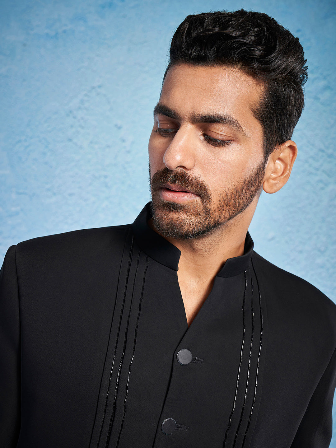 Men's Black Imported Suiting Straight Sherwani Only Top