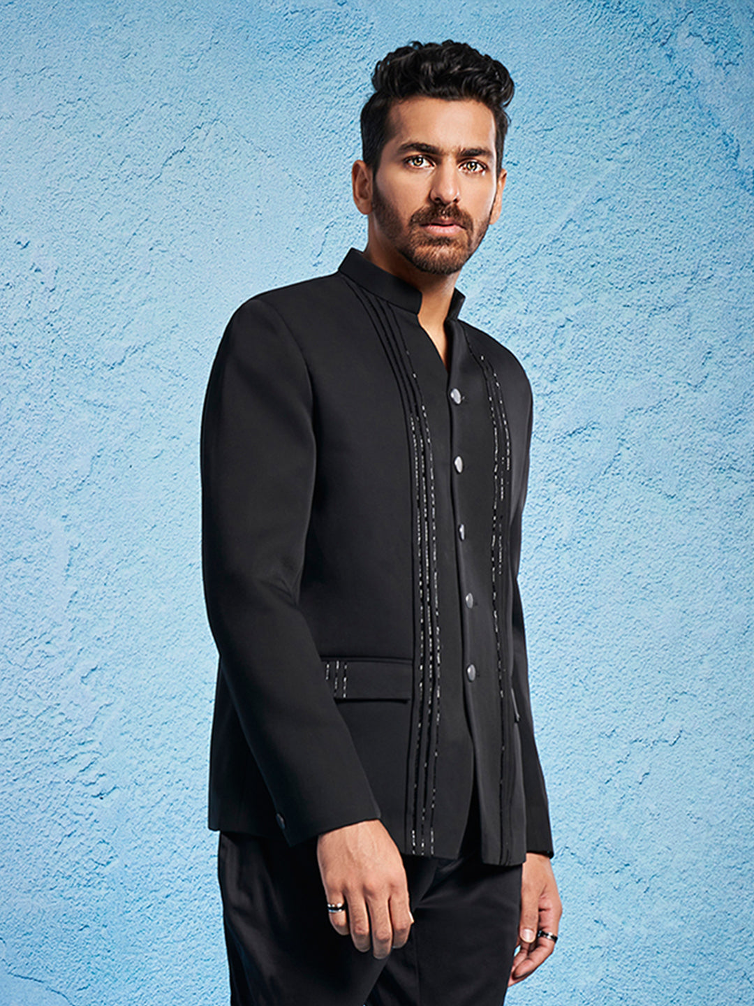 Men's Black Imported Suiting Straight Sherwani Only Top