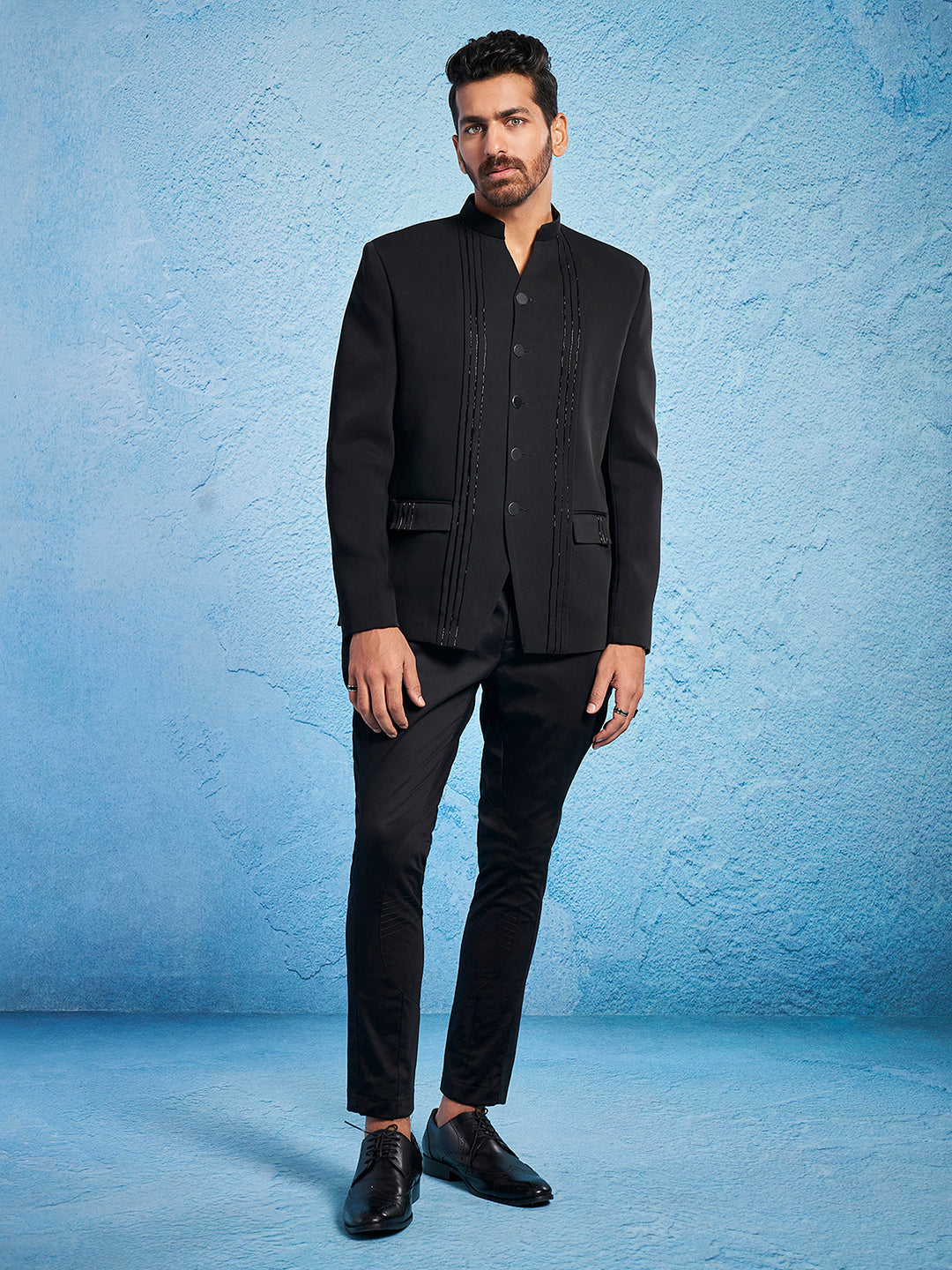 Men's Black Imported Suiting Straight Sherwani Set