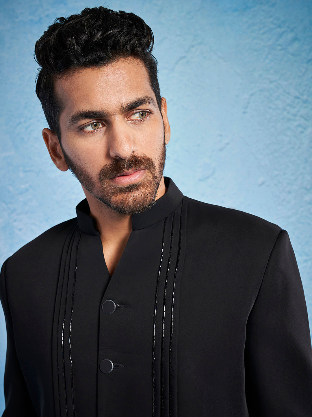 Men's Black Imported Suiting Straight Sherwani Set