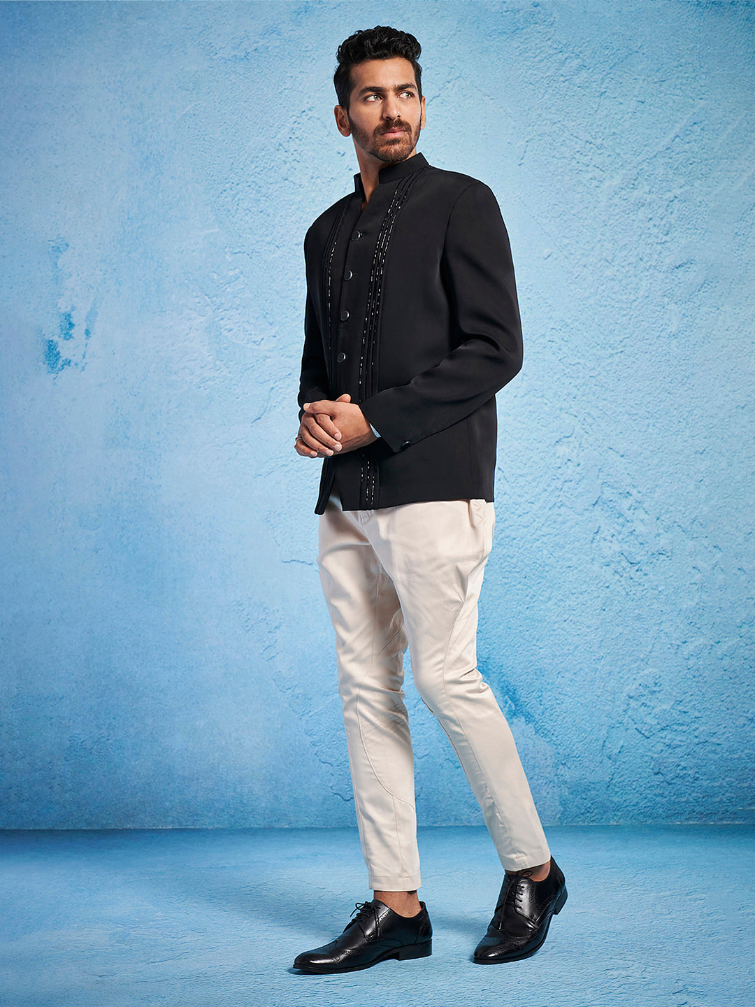 Men's Black Imported Suiting Straight Sherwani Set