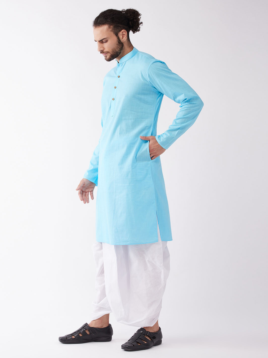 Men's Aqua Cotton Blend Straight Kurta and Dhoti Set