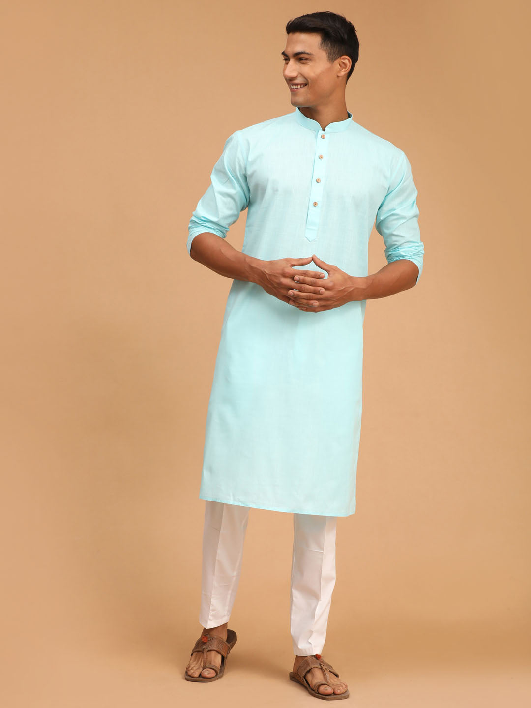 Men's Aqua Cotton Linen Straight Kurta Pyjama Set