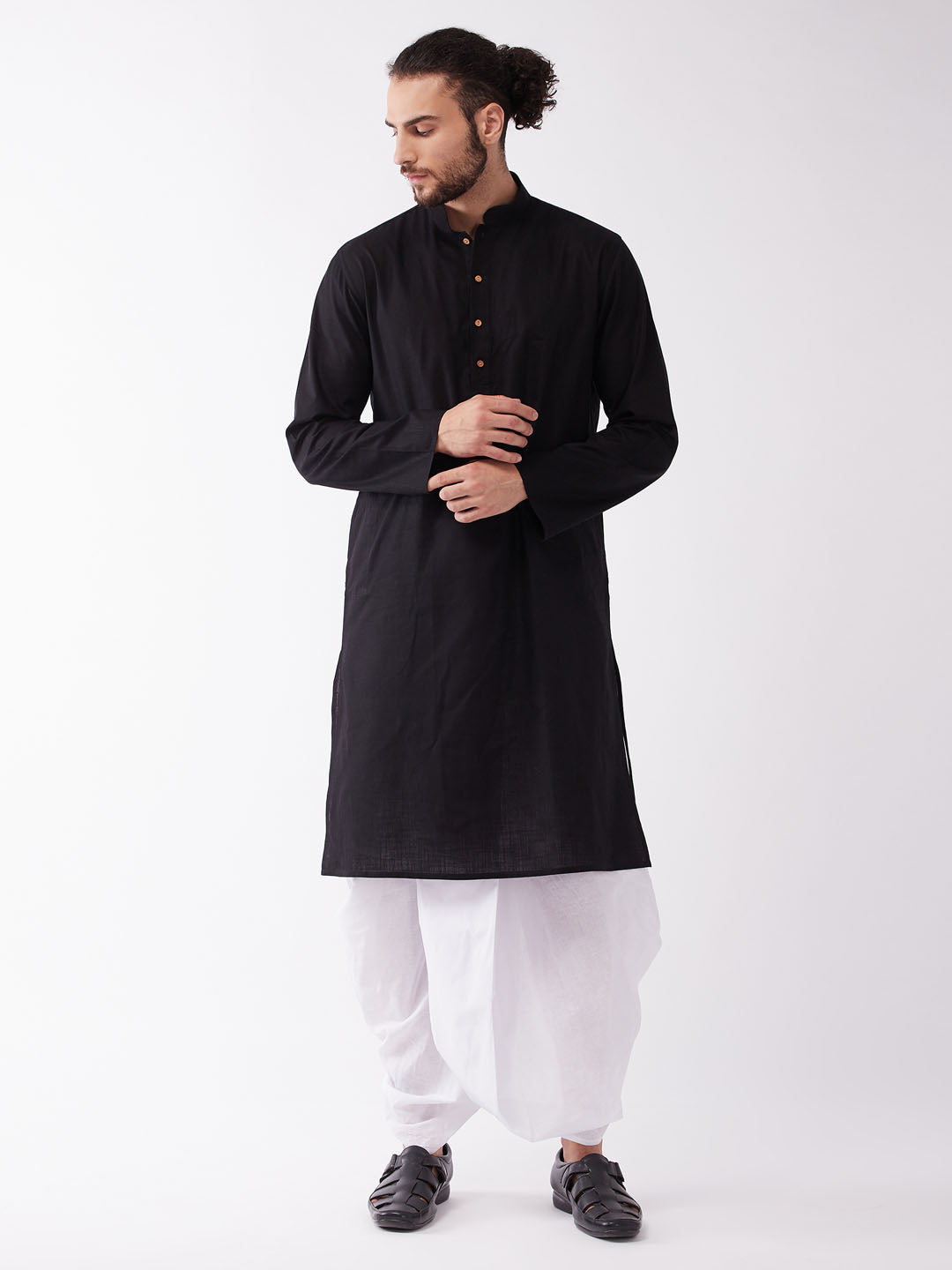 Men's Black Cotton Blend Straight Kurta and Dhoti Set