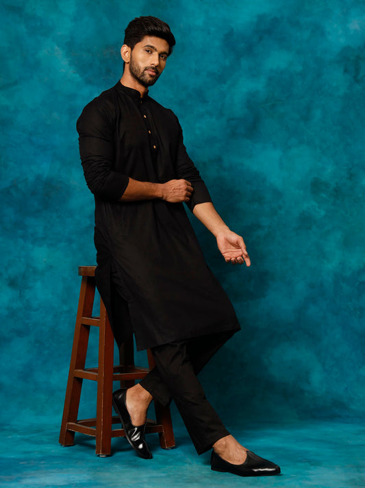 Men's Black Cotton Blend Straight Kurta Pyjama Set