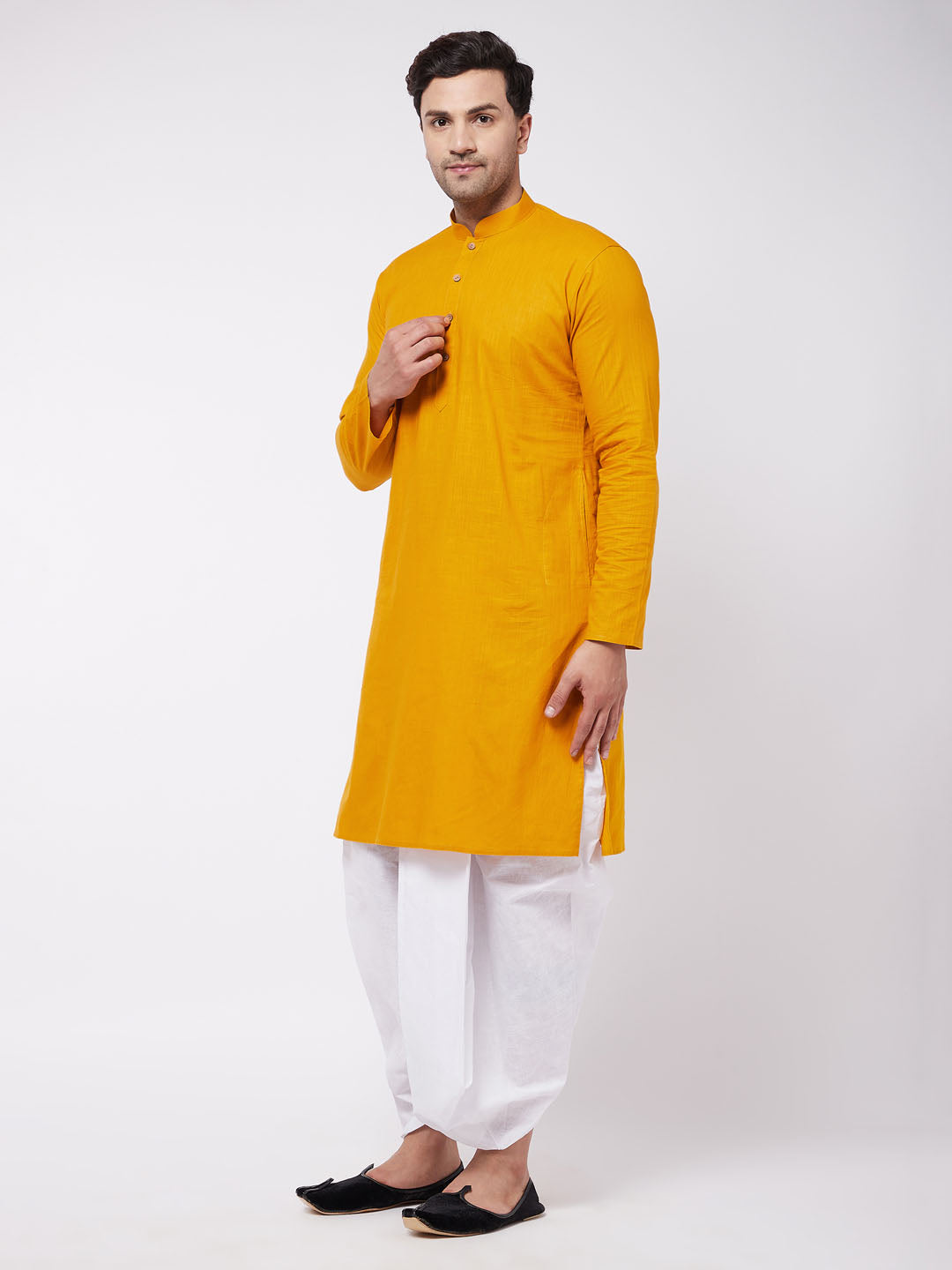 Men's Mustard Cotton Blend Straight Kurta and Dhoti Set