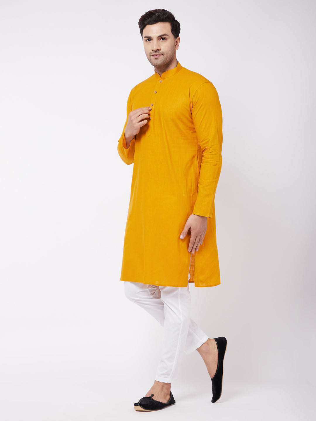 Men's Mustard Cotton Linen Straight Kurta Pyjama Set