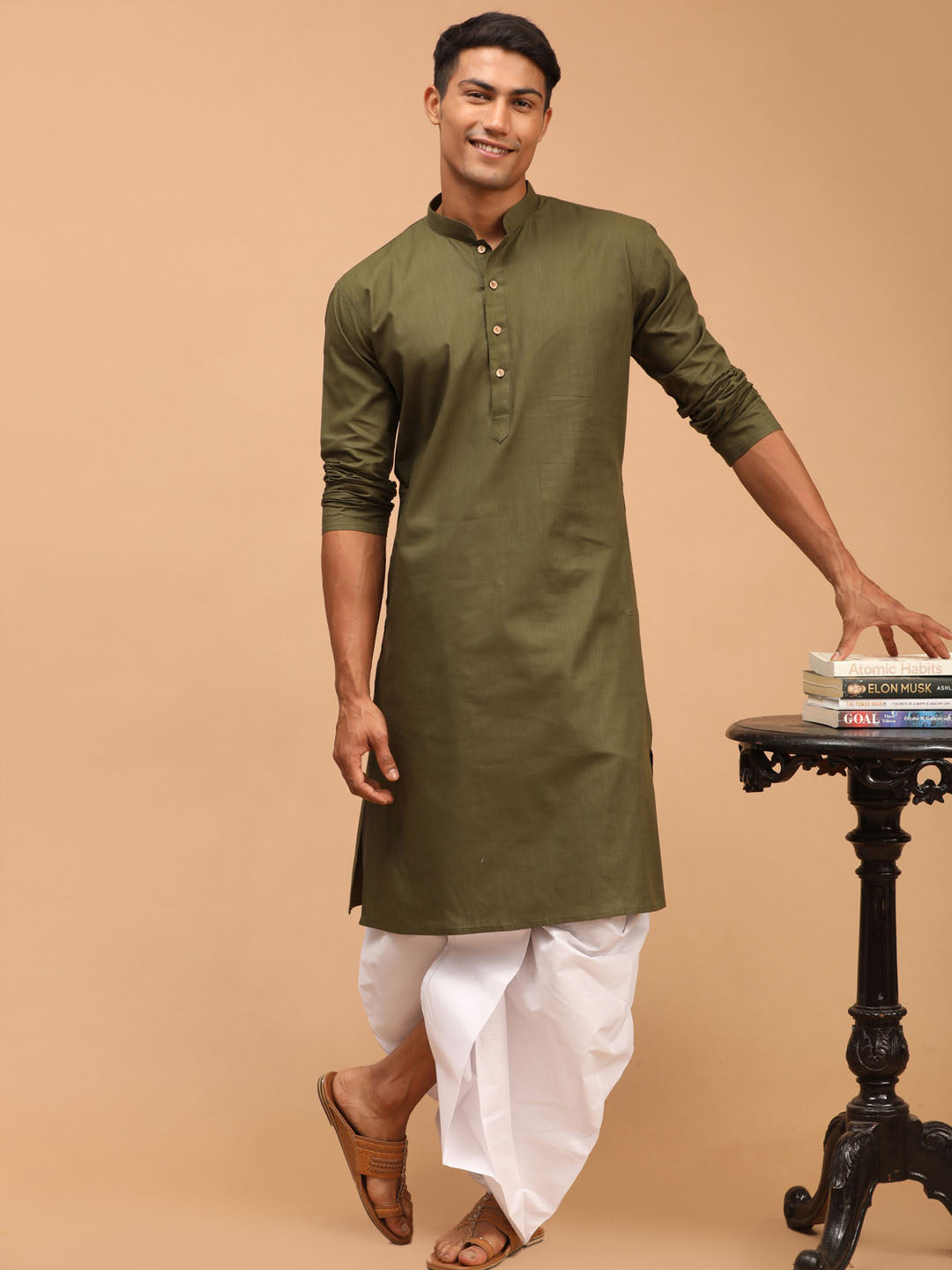 Men's Mehendi Green Cotton Blend Straight Kurta and Dhoti Set