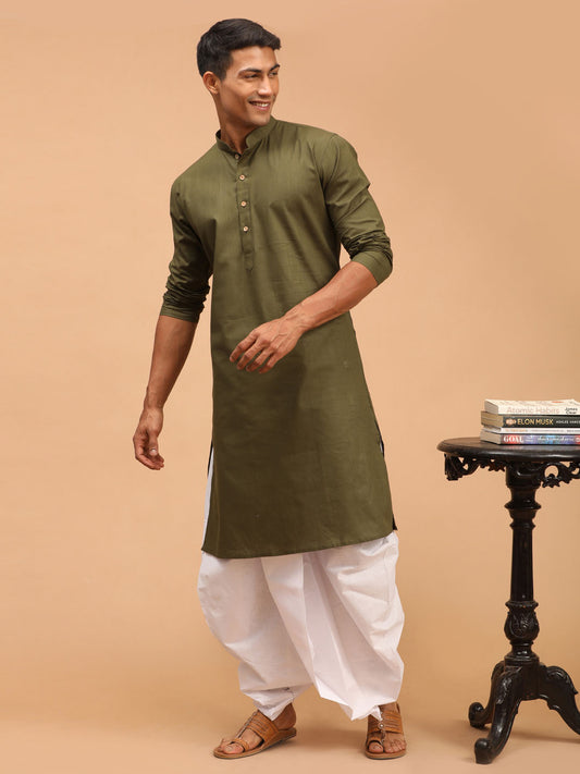 Men's Mehendi Green Cotton Blend Straight Kurta and Dhoti Set