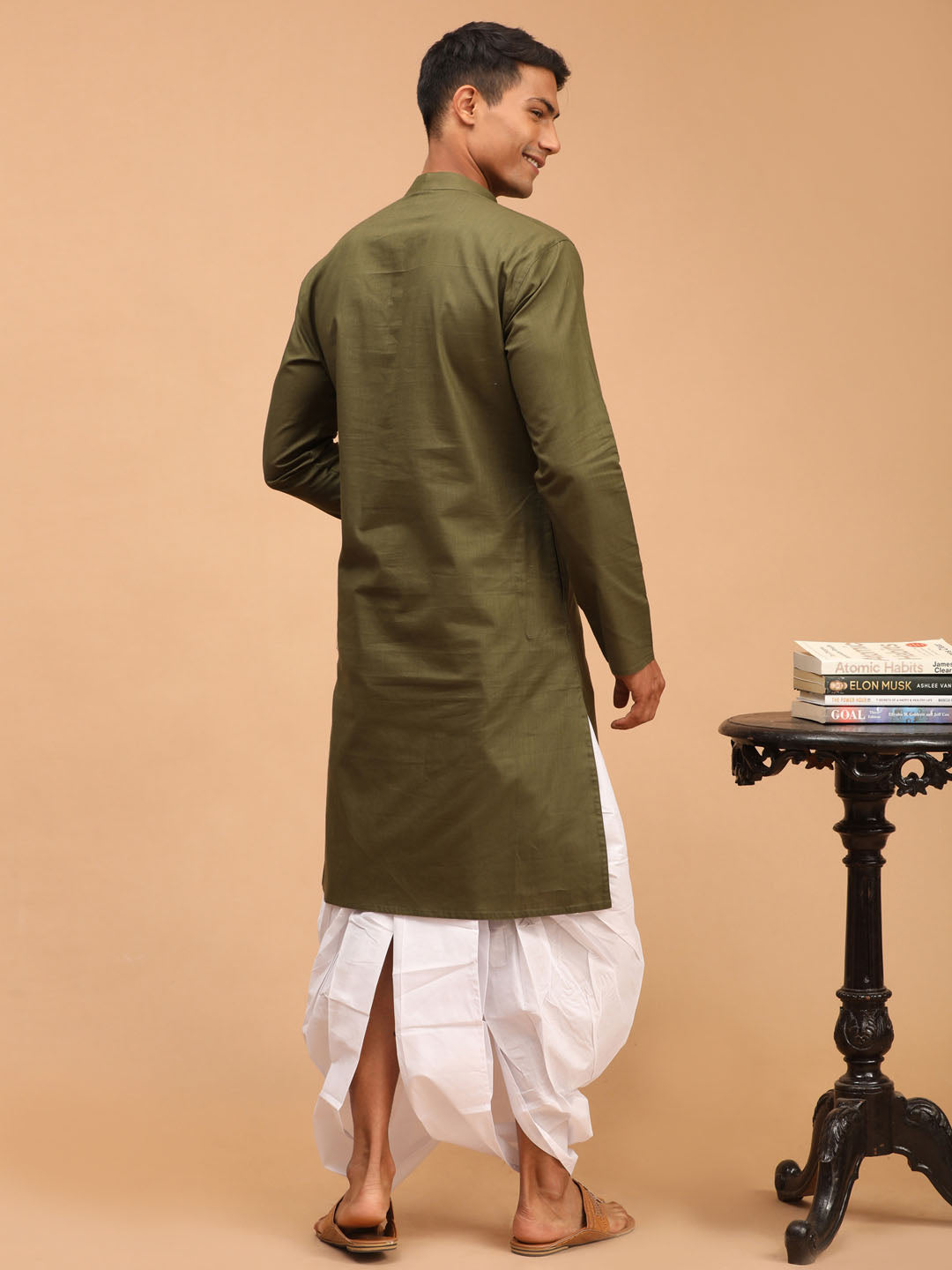 Men's Mehendi Green Cotton Blend Straight Kurta and Dhoti Set