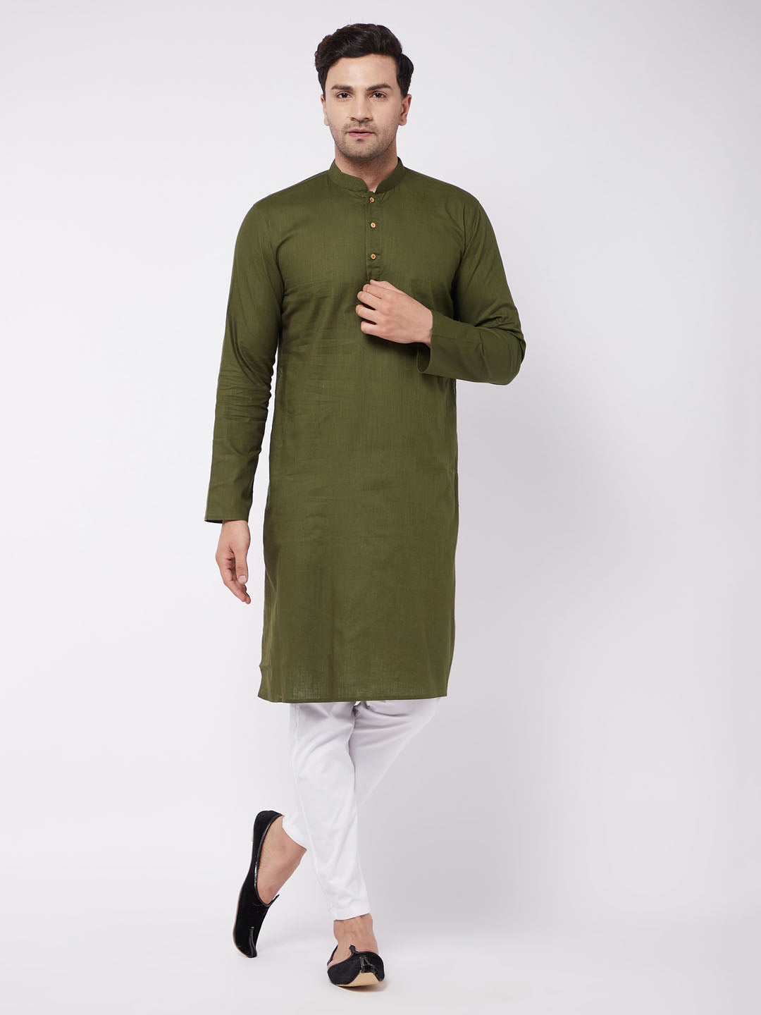 Men's Green Cotton Linen Straight Kurta Pyjama Set