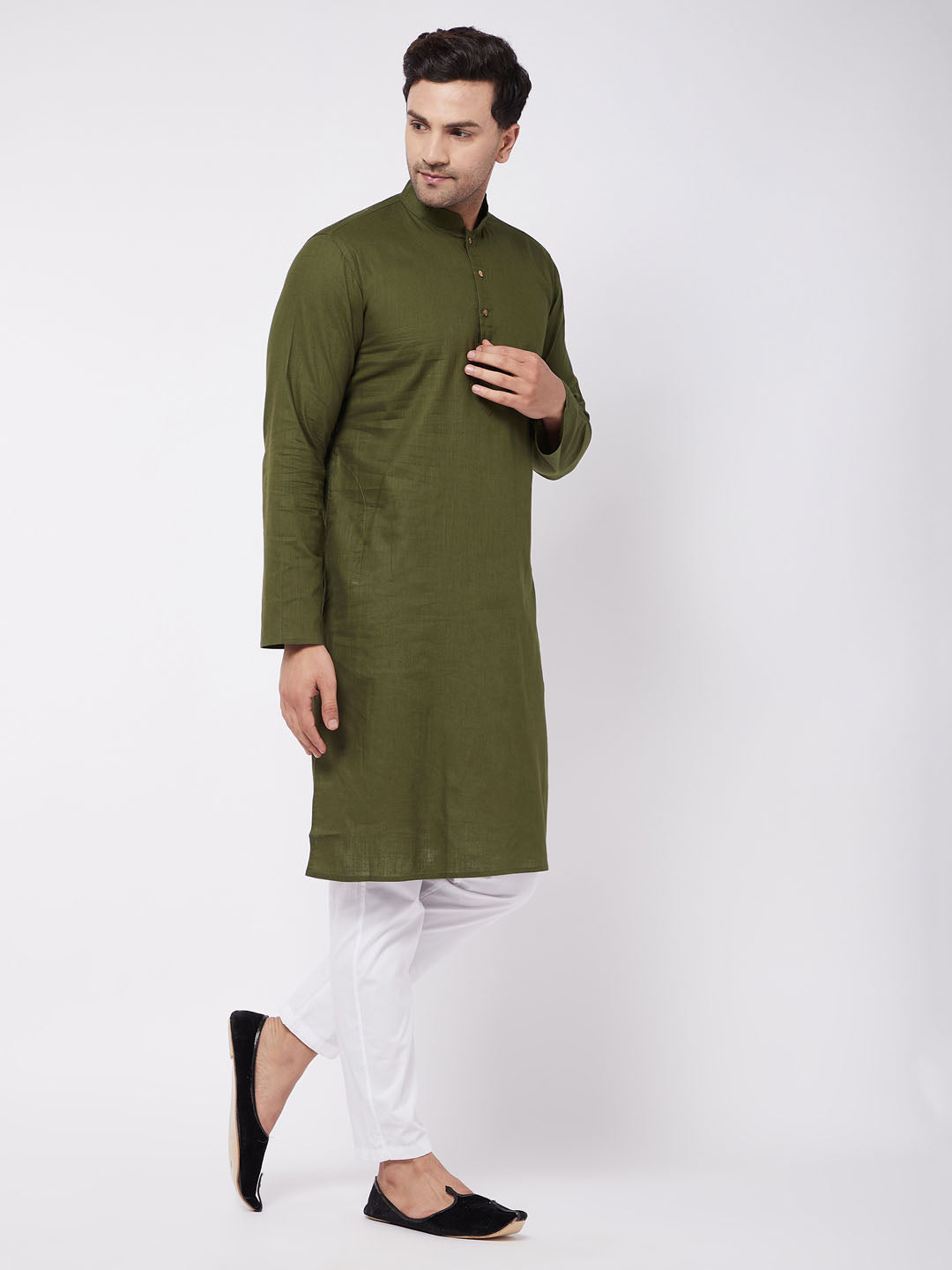 Men's Green Cotton Linen Straight Kurta Pyjama Set