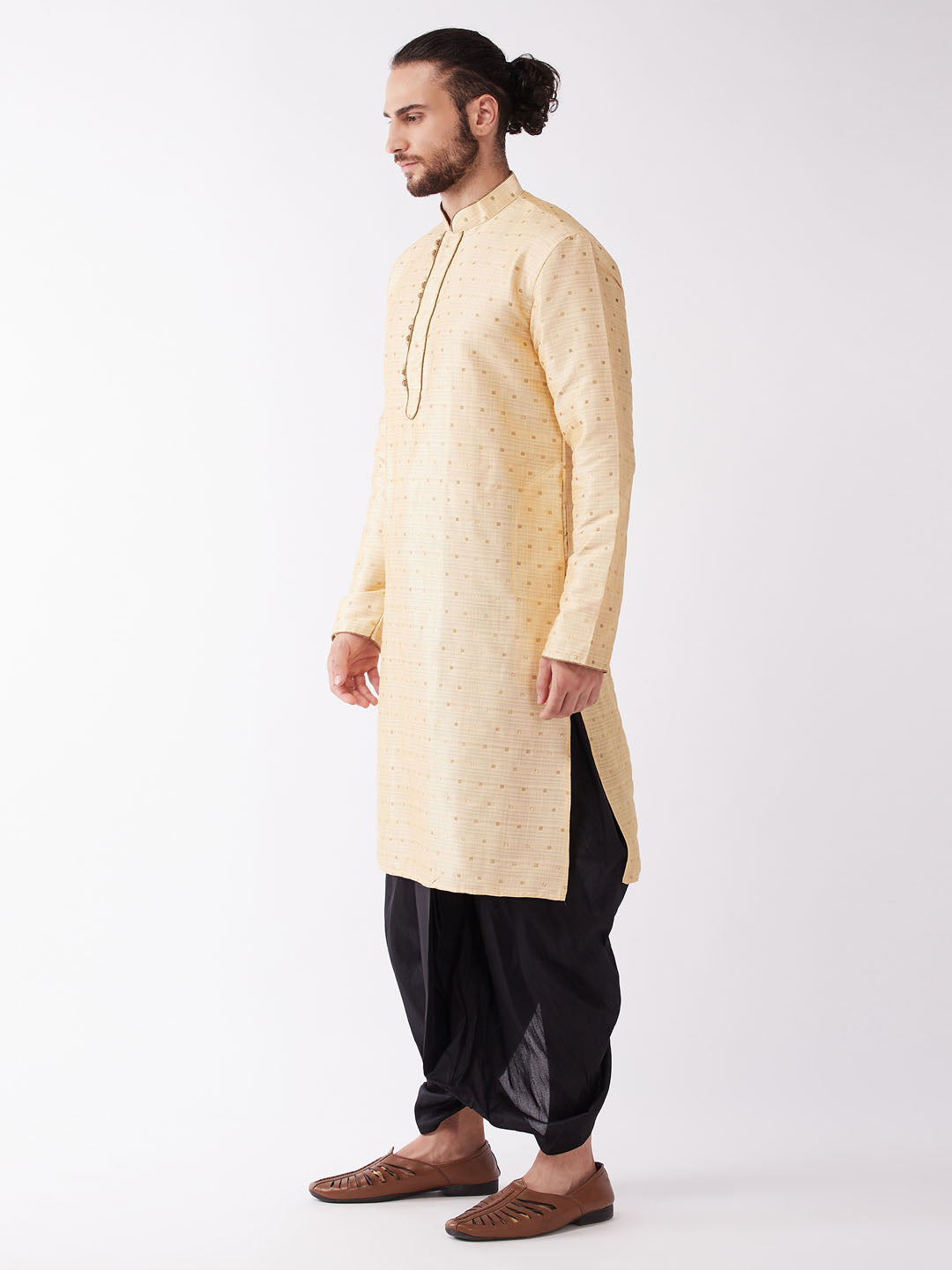 Men's Beige Silk Blend Straight Kurta and Dhoti Set