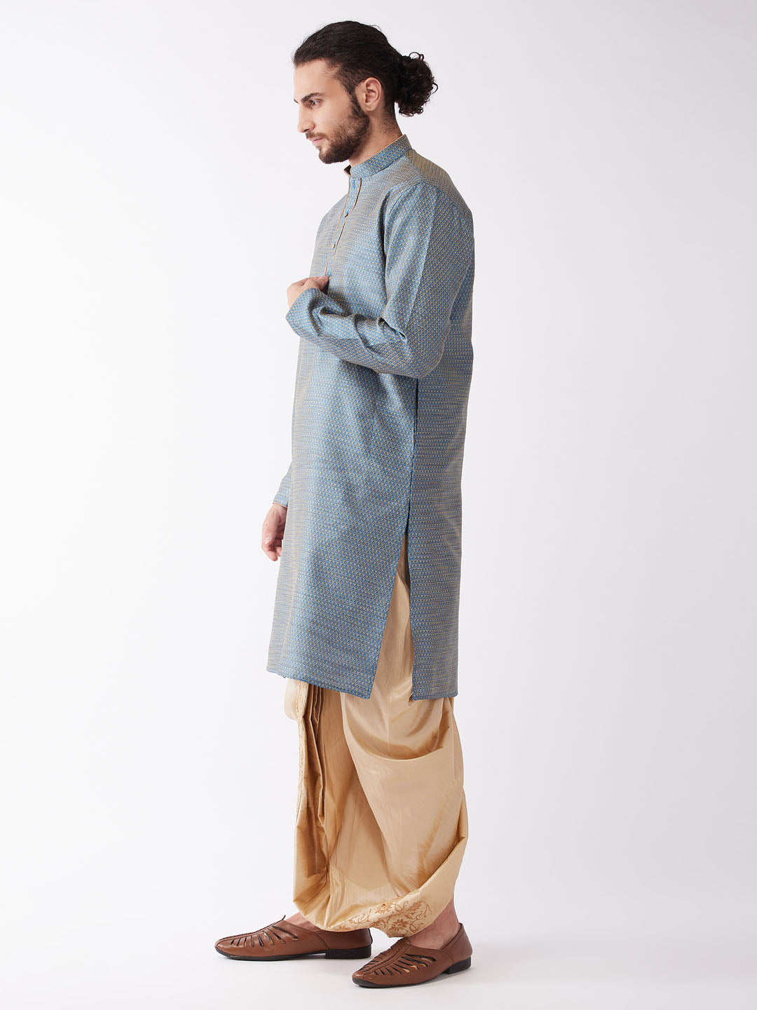 Men's Aqua Silk Blend Straight Kurta and Dhoti Set