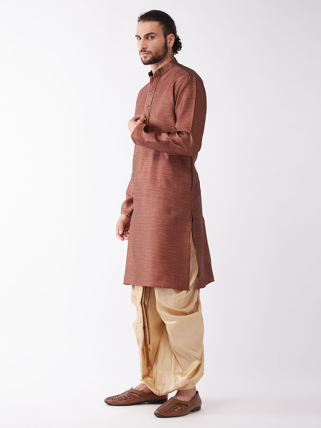 Men's Maroon Silk Blend Straight Kurta and Dhoti Set