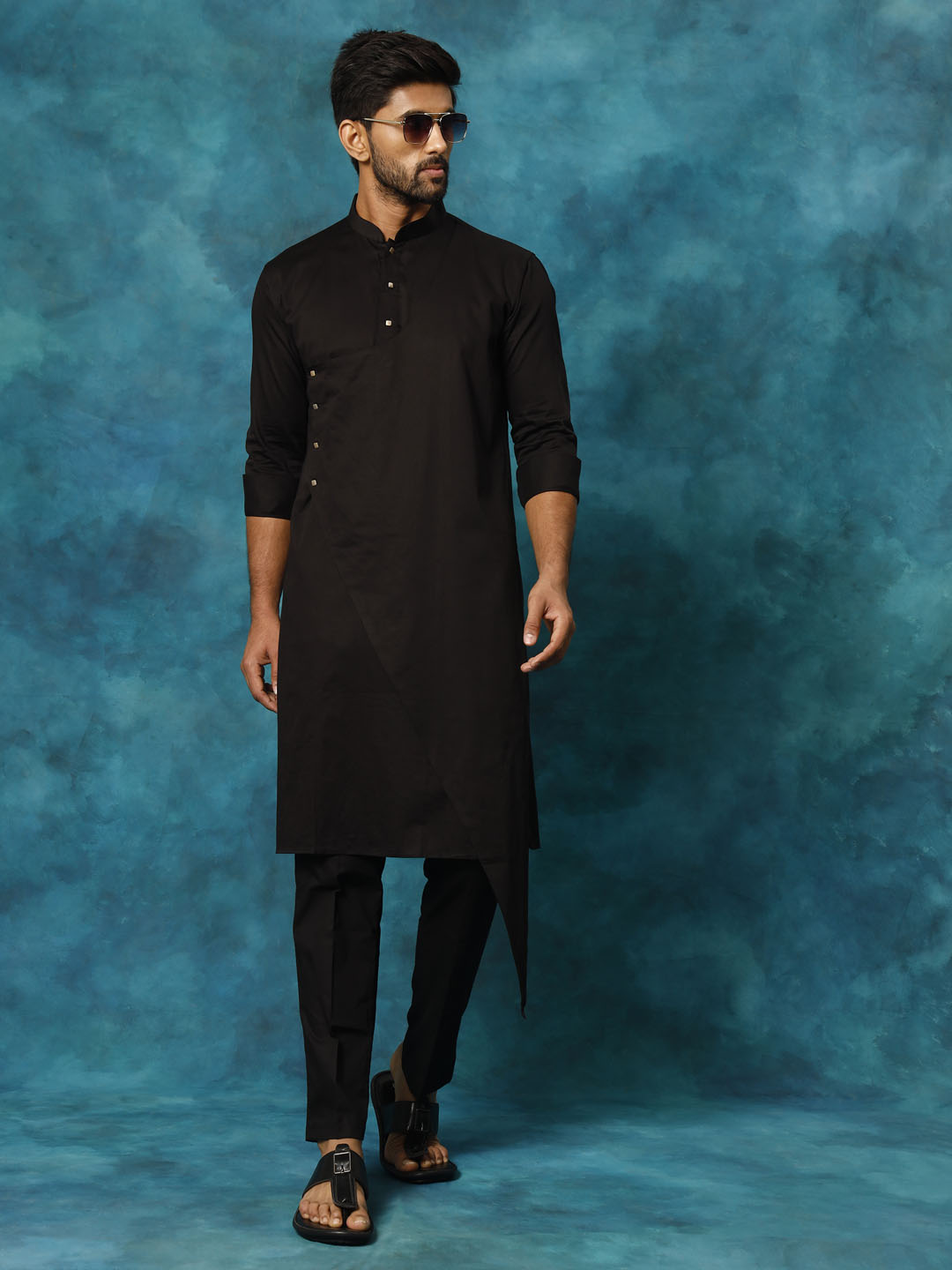 Men's Black Cotton Cotton Satin Asymmetric Kurta Pyjama Set