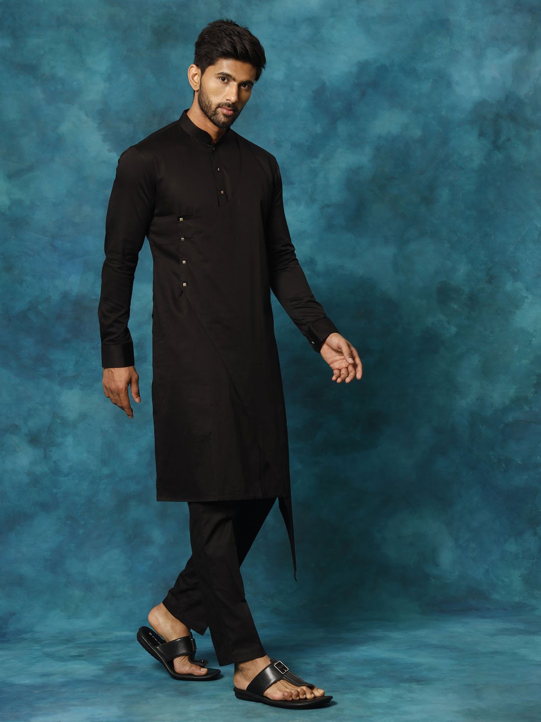 Men's Black Cotton Cotton Satin Asymmetric Kurta Pyjama Set