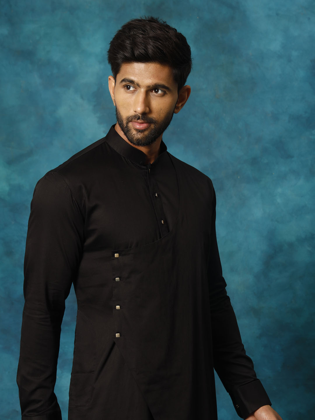 Men's Black Cotton Cotton Satin Asymmetric Kurta Pyjama Set