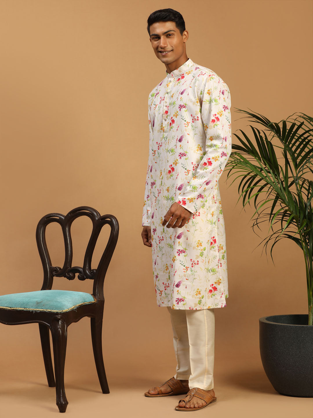 Men's Cream Cotton Blend Straight Kurta Pyjama Set