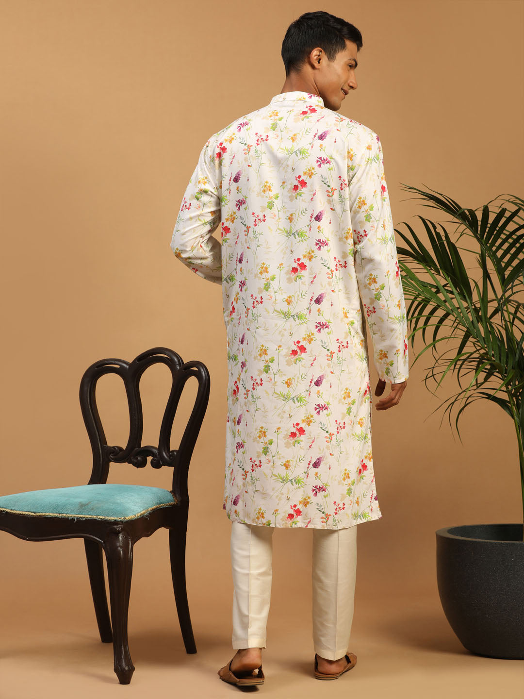 Men's Cream Cotton Blend Straight Kurta Pyjama Set