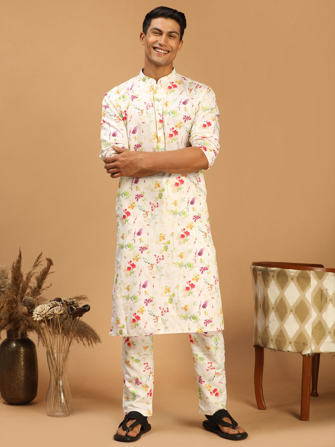 Men's Cream Cotton Blend Straight Kurta Pyjama Set