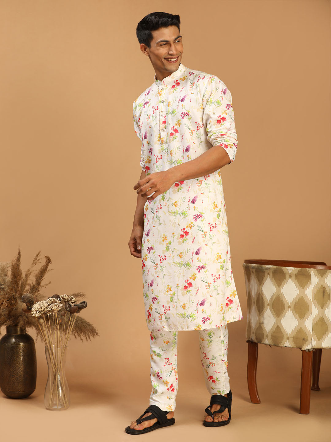 Men's Cream Cotton Blend Straight Kurta Pyjama Set