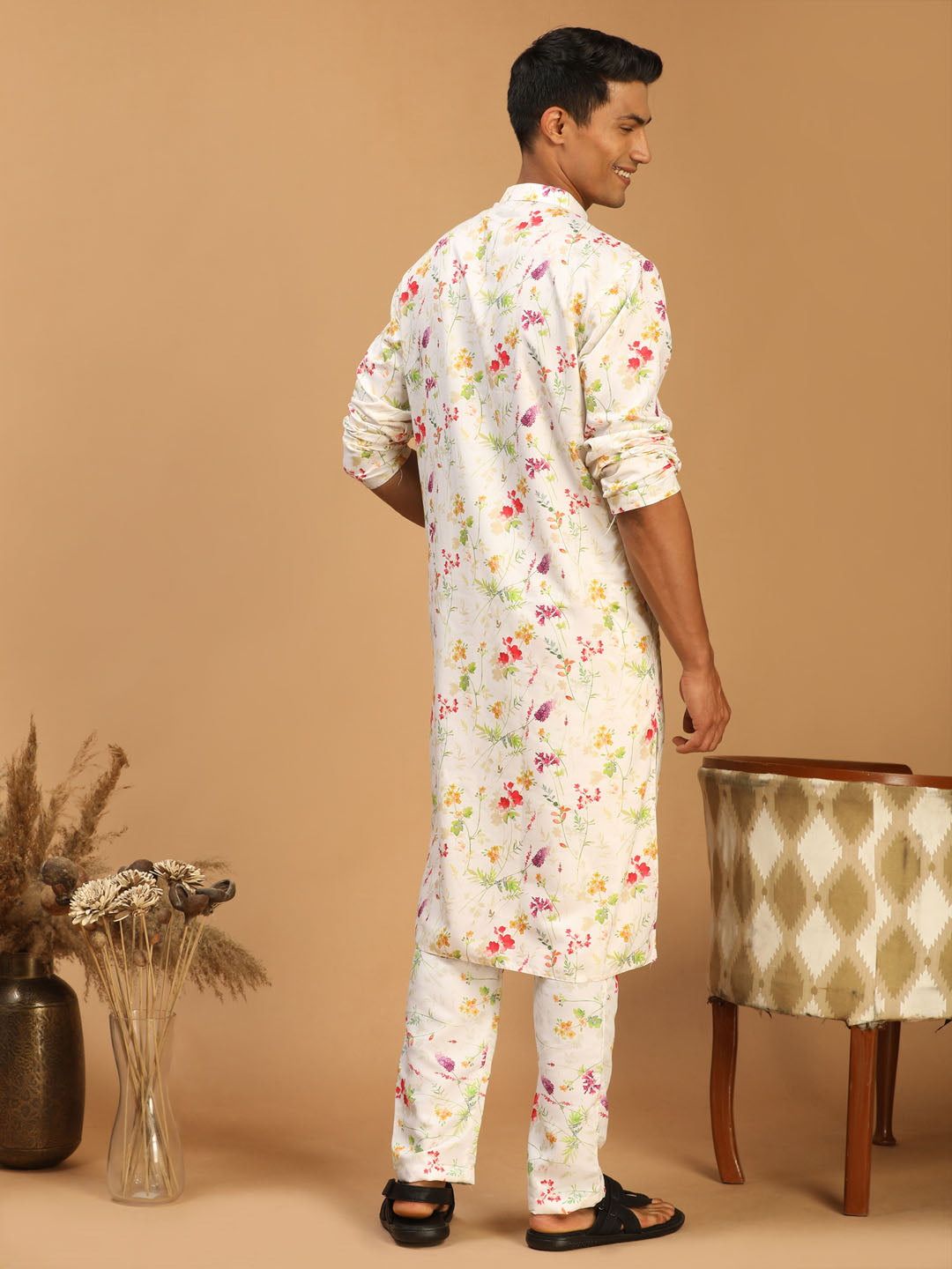Men's Cream Cotton Blend Straight Kurta Pyjama Set