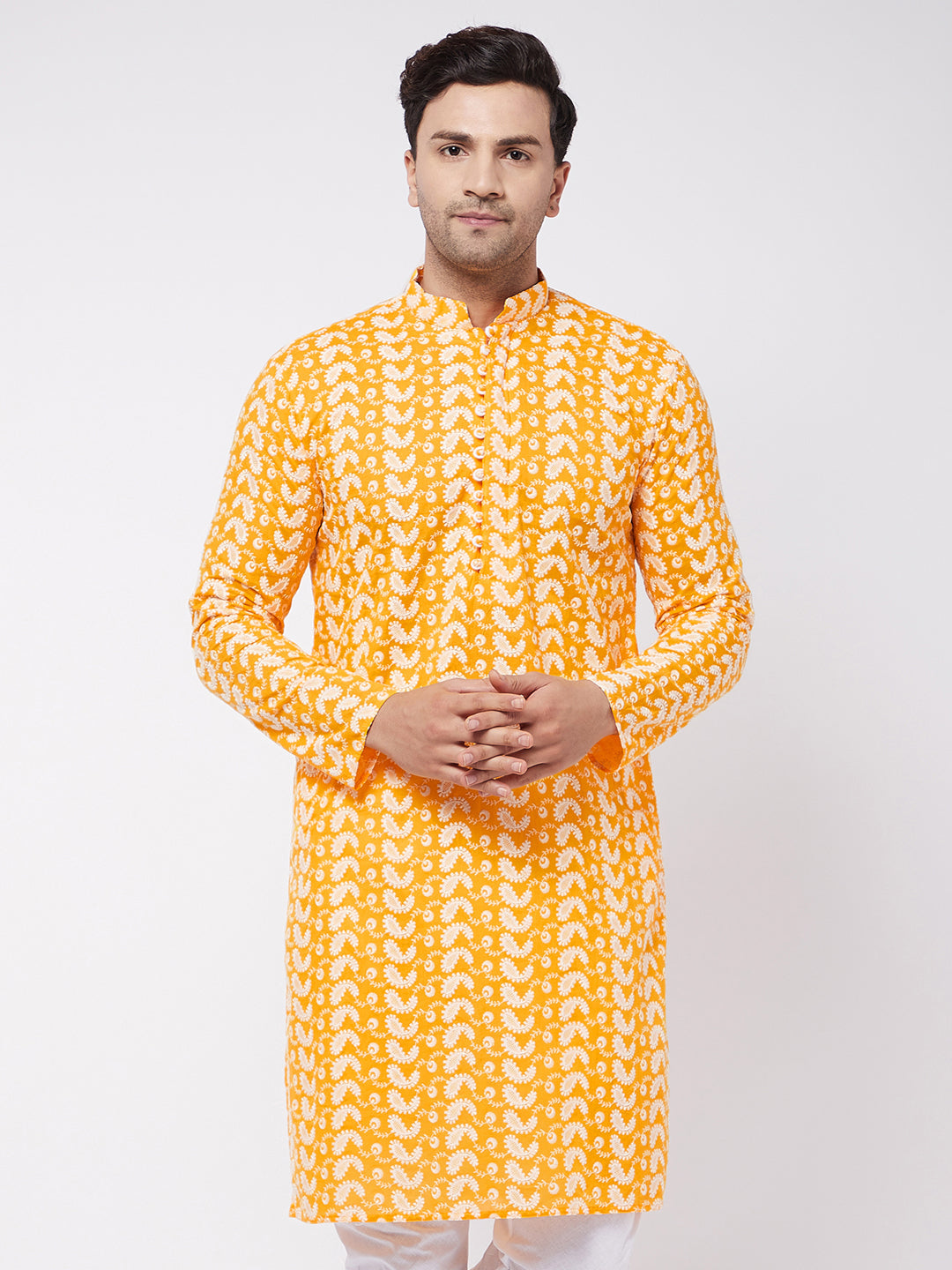Men's Orange Pure Cotton Straight Kurta Pyjama Set