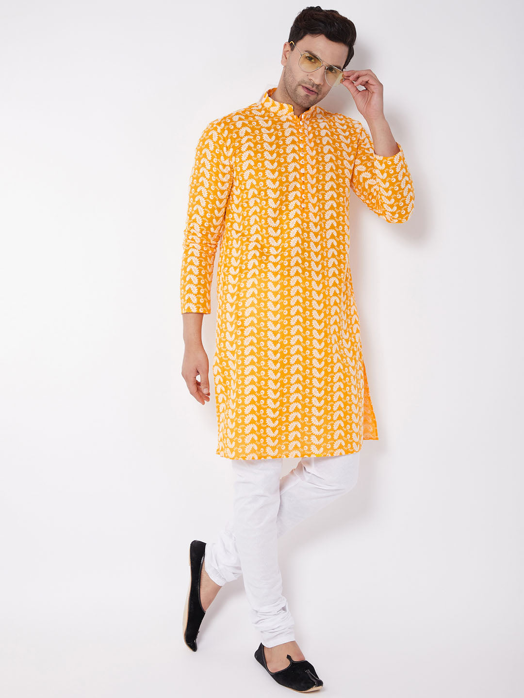 Men's Orange Pure Cotton Straight Kurta Pyjama Set