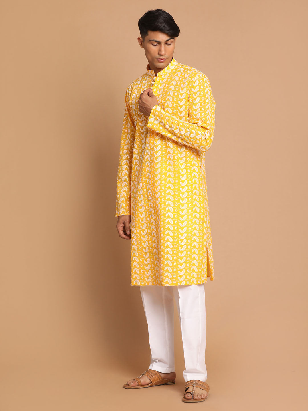 Men's Orange Pure Cotton Straight Kurta Pyjama Set