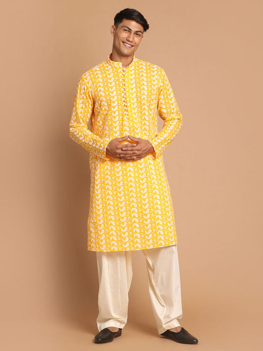 Men's Orange Pure Cotton Straight Kurta and Patiala Set