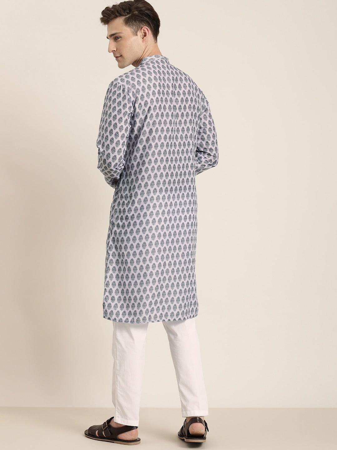 Men's Grey Cotton Blend Straight Kurta Pyjama Set