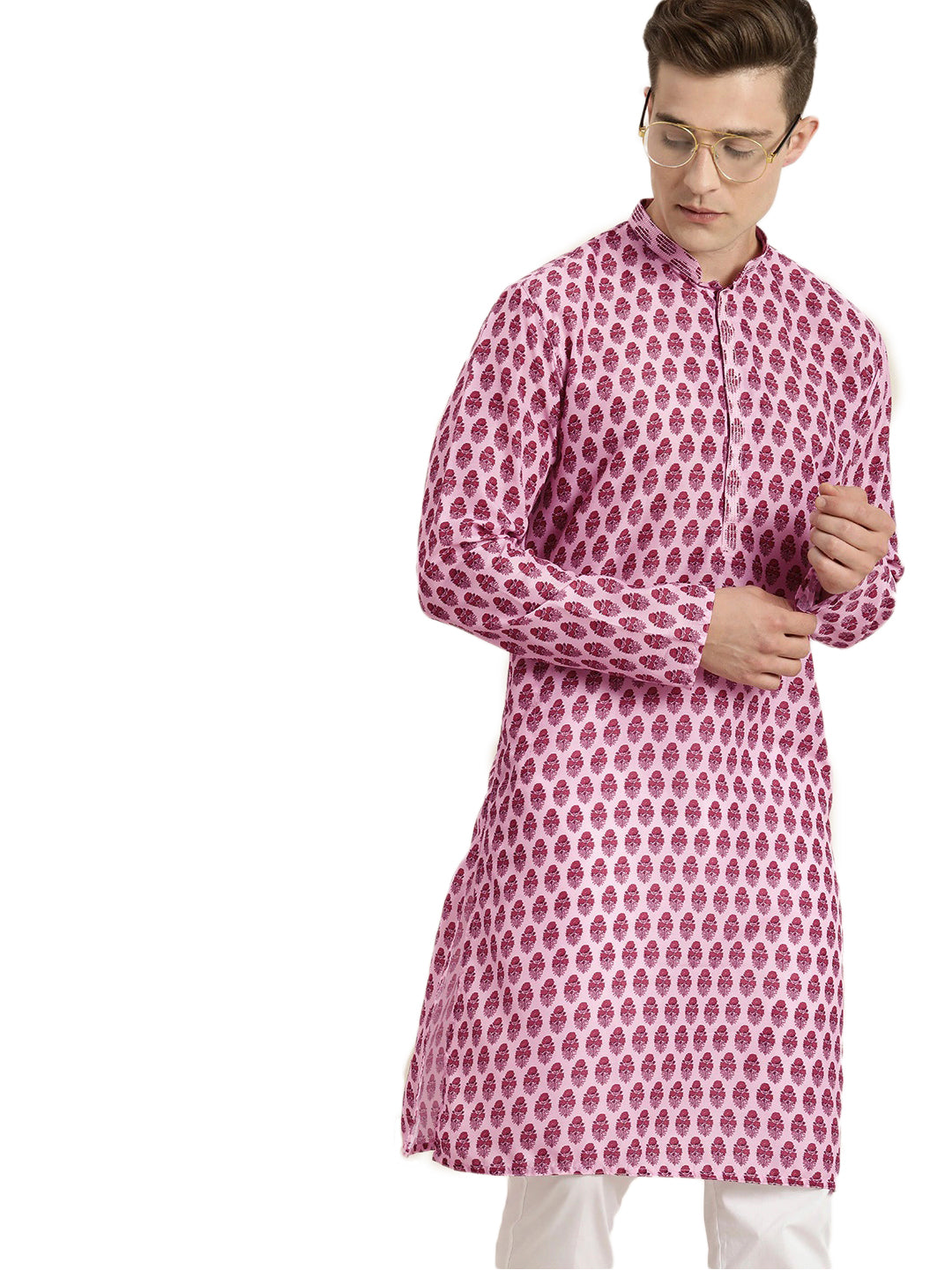Men's Pink Cotton Blend Straight Kurta Pyjama Set