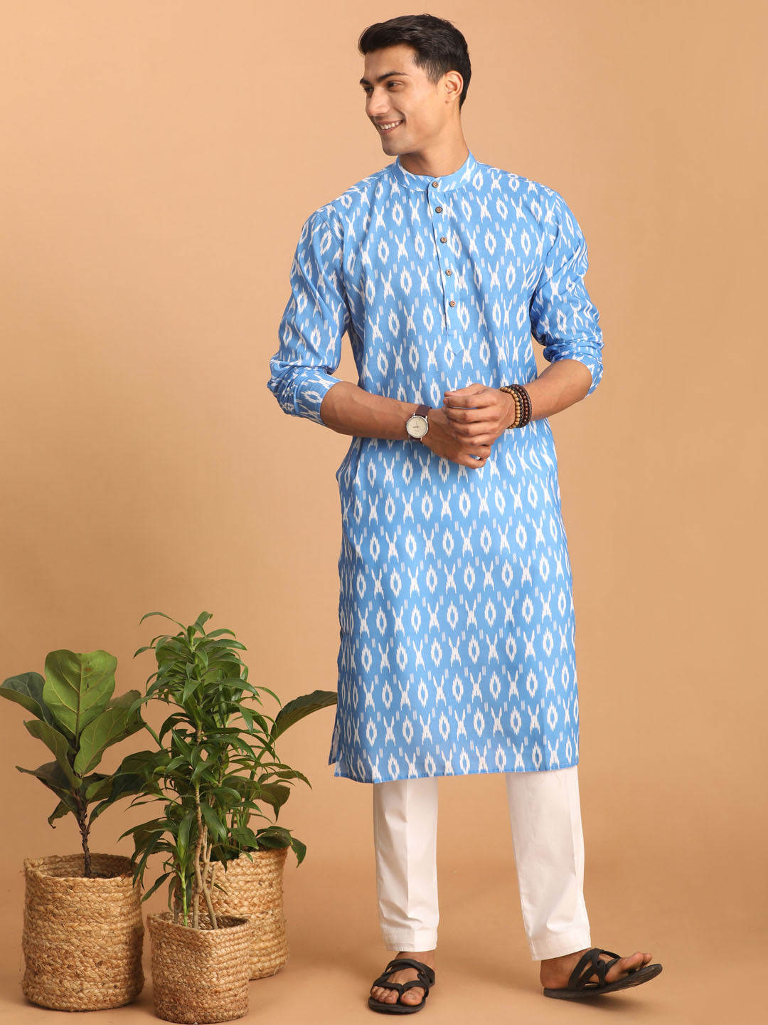 Men's Aqua Cotton Blend Straight Kurta Pyjama Set