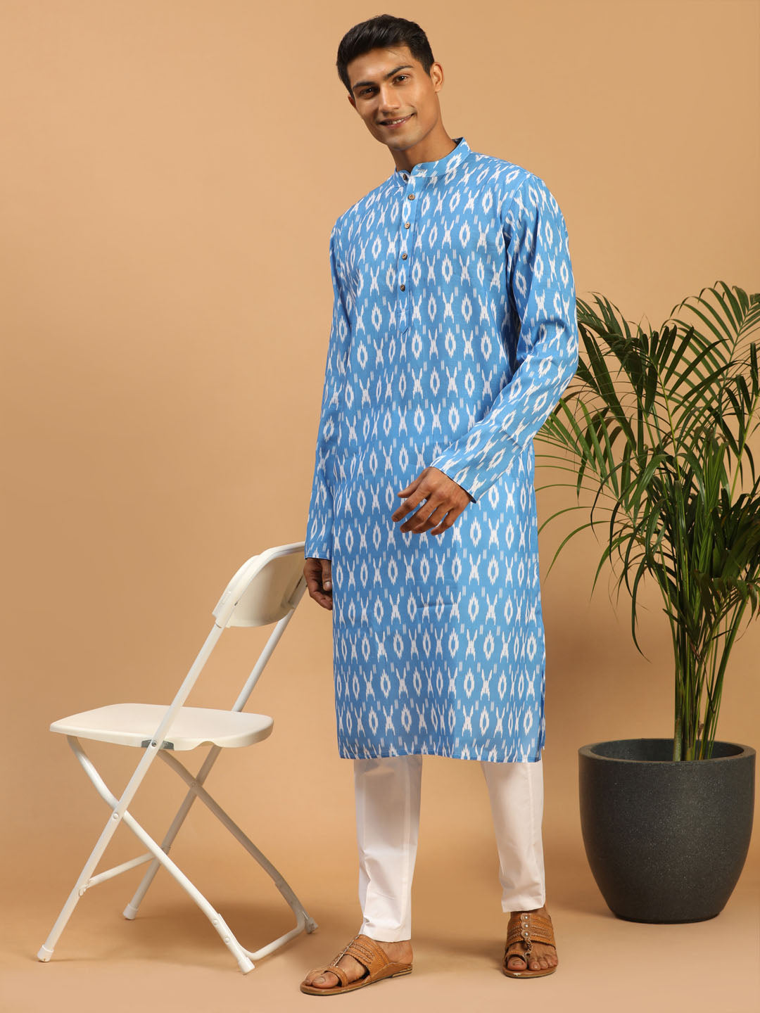 Men's Aqua Cotton Blend Straight Kurta Pyjama Set