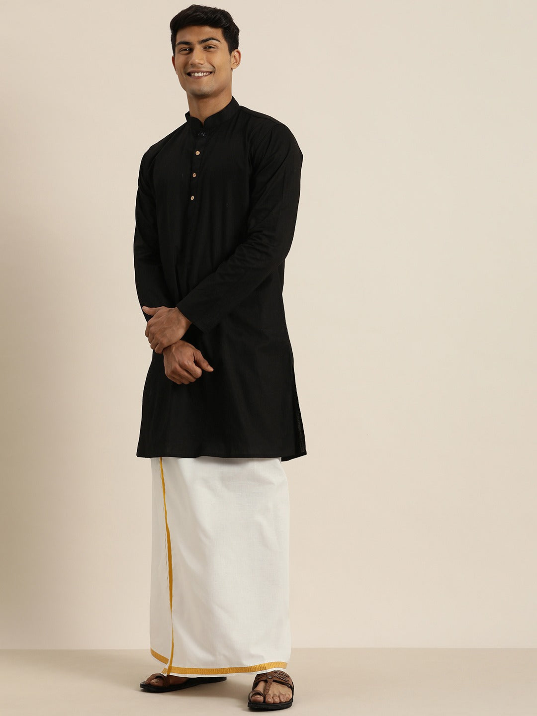 Men's Black Cotton Blend Straight Kurta And Mundu Set