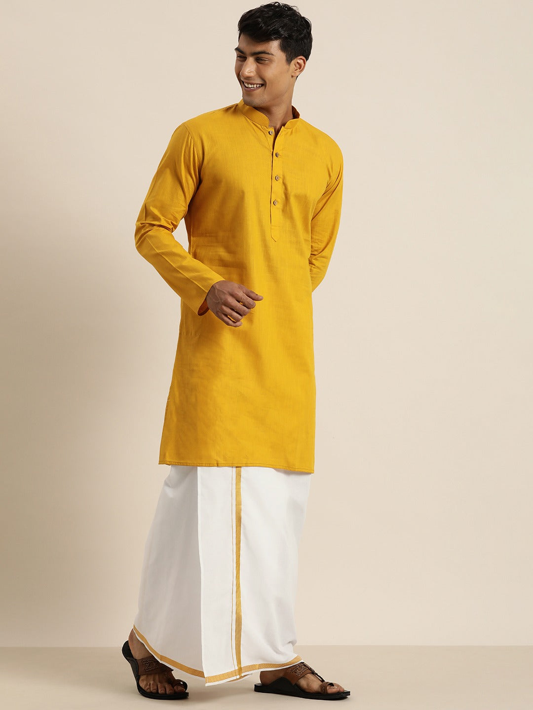 Men's Mustard Cotton Blend Straight Kurta And Mundu Set