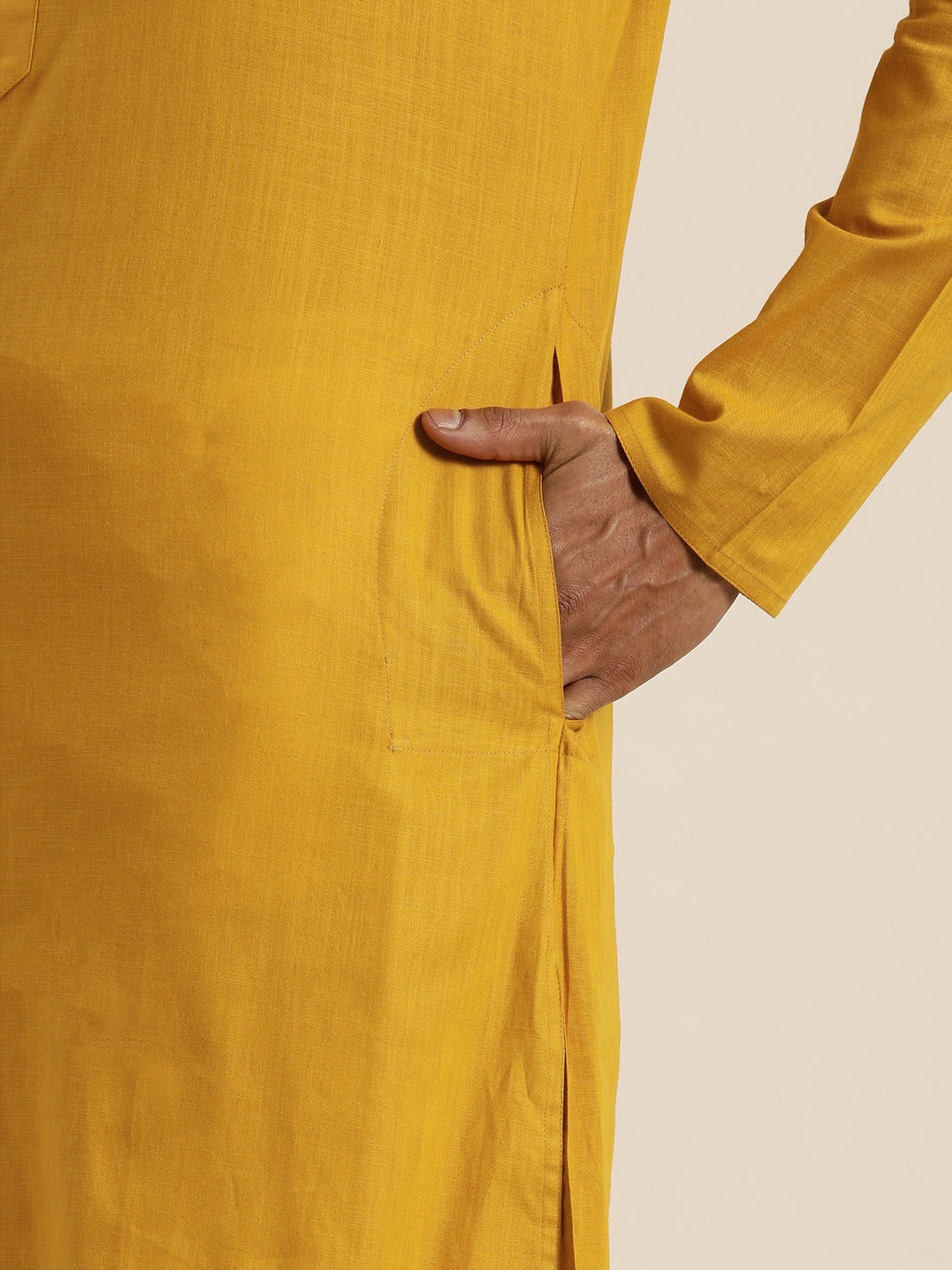 Men's Mustard Cotton Blend Straight Kurta And Mundu Set