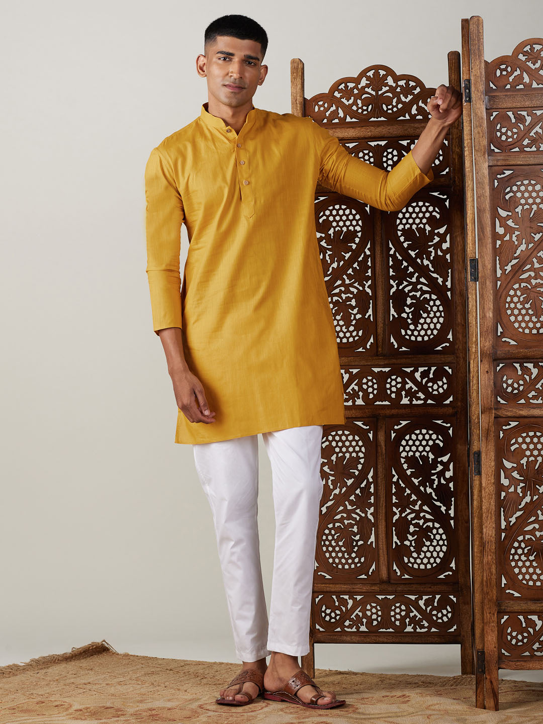 Men's Mustard Cotton Blend Straight Kurta Pyjama Set