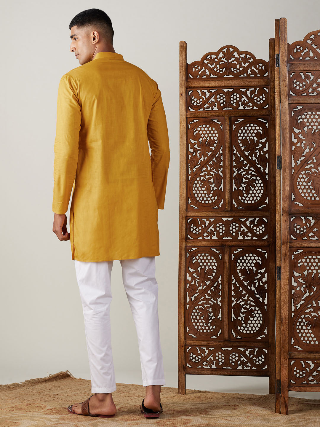 Men's Mustard Cotton Blend Straight Kurta Pyjama Set